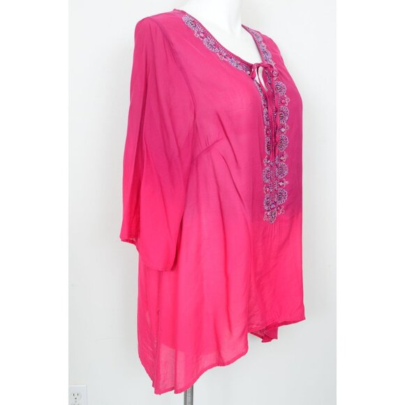 Catherine's PLUS 1X Ombré Pink Purple Beaded Flowy Tunic Top 3/4 Sleeve Blouse - Picture 6 of 12